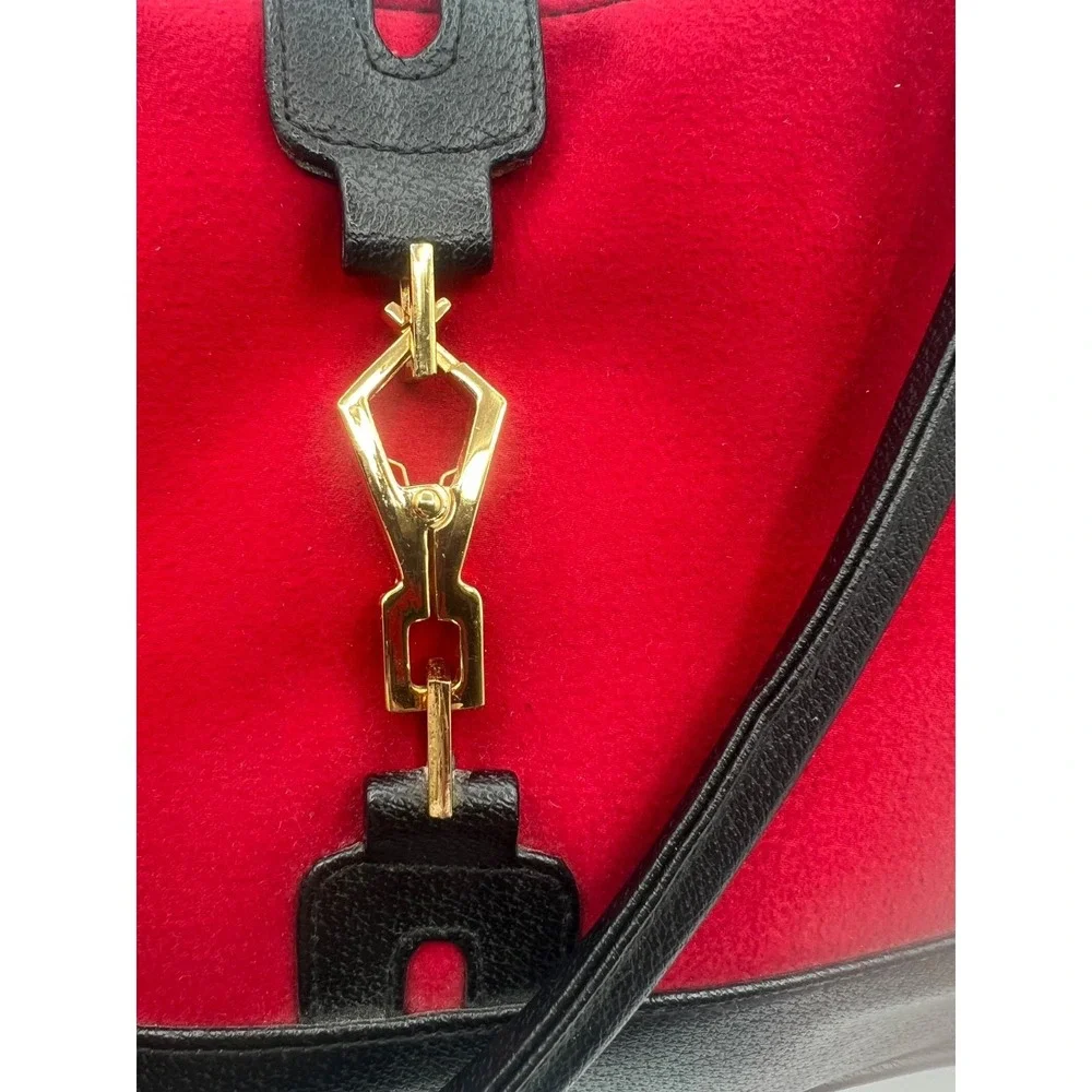 Vintage Red Black Shoulder Handbag Gold Clasp Faux Leather Purse Satchel Tote